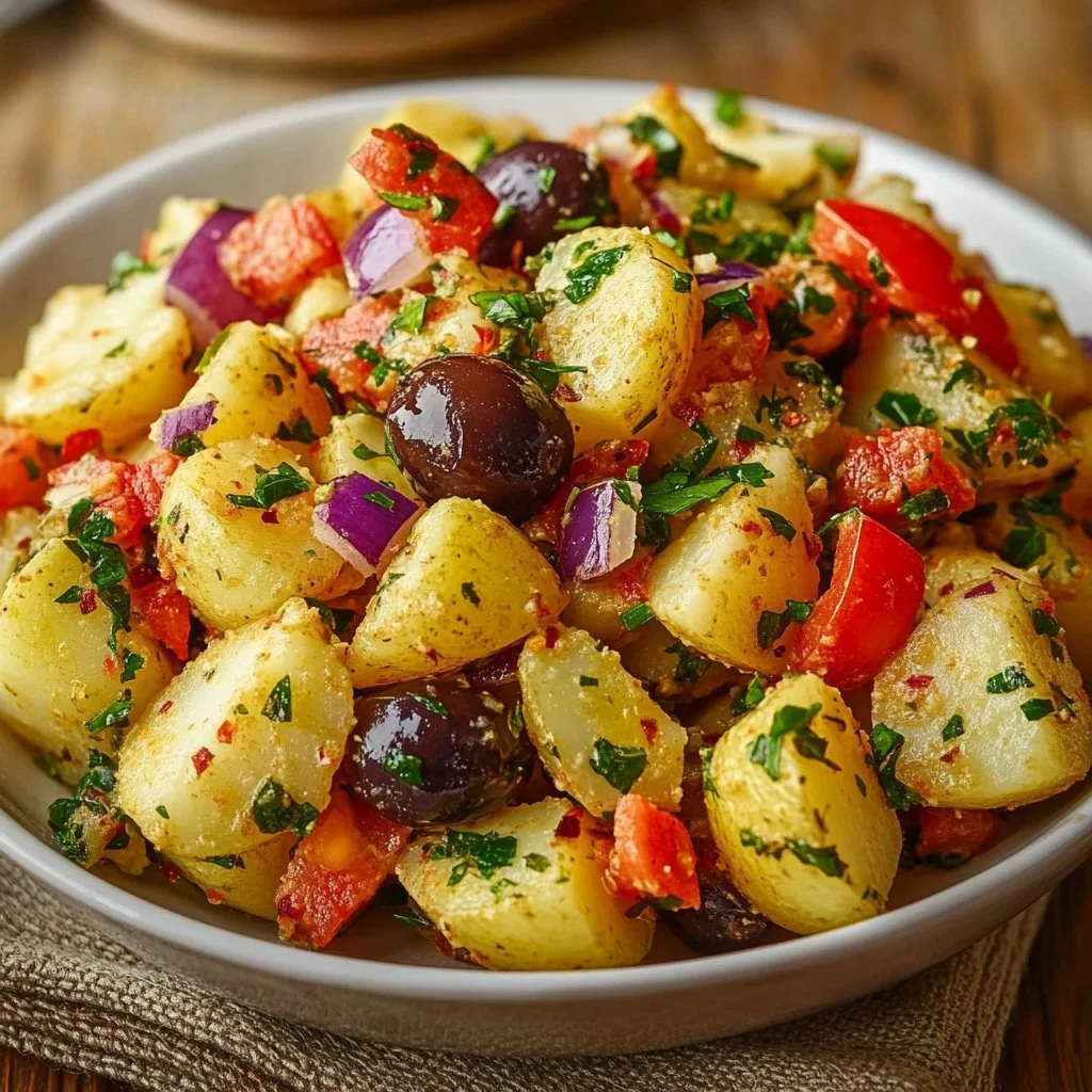 A colorful bowl of Turkish Potato Salad with herbs and spices.