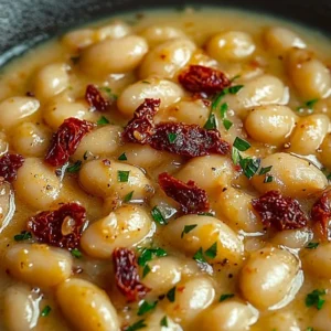 A bowl of Tuscan Marry Me Butter Beans garnished with herbs.