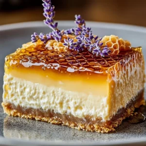 Ultimate Lemon Lavender Cheesecake topped with Honeycomb for a delightful dessert.