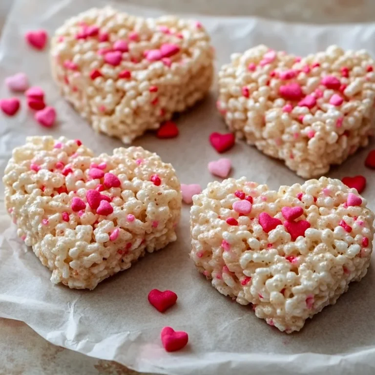 Valentine's themed Rice Krispie Treats decorated with hearts and pink sprinkles