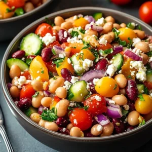 Vibrant Mediterranean Bean Salad with Feta and colorful vegetables