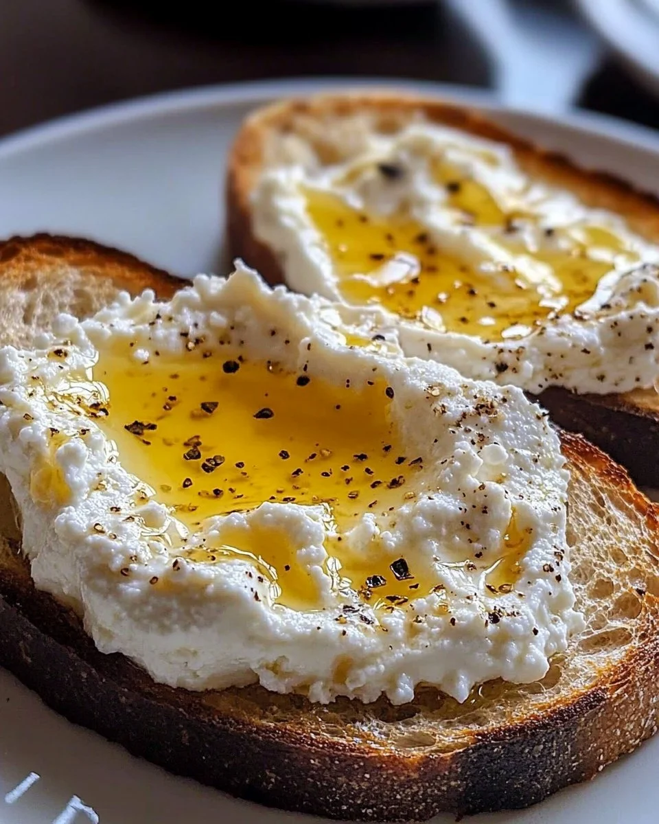 Whipped ricotta honey toast topped with honey and fruit