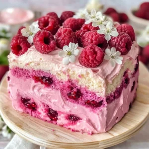 Slice of white chocolate raspberry cake garnished with fresh raspberries