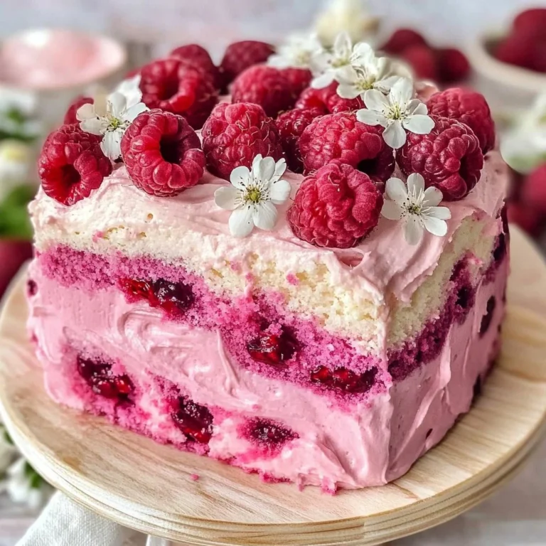 Slice of white chocolate raspberry cake garnished with fresh raspberries