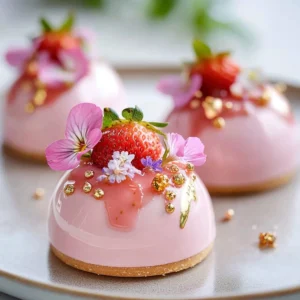 Elegant white chocolate strawberry mousse domes dessert served in a café