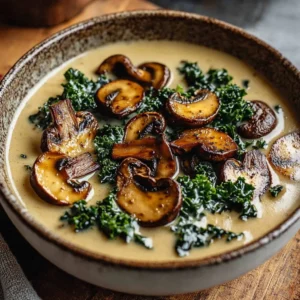 Bowl of wild mushroom soup with caramelized onions and kale