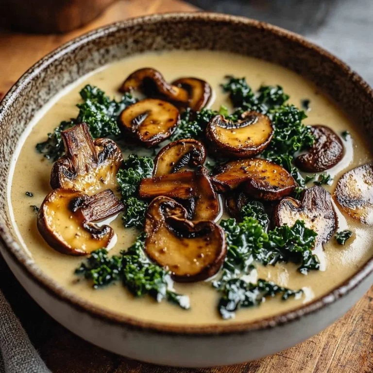 Bowl of wild mushroom soup with caramelized onions and kale