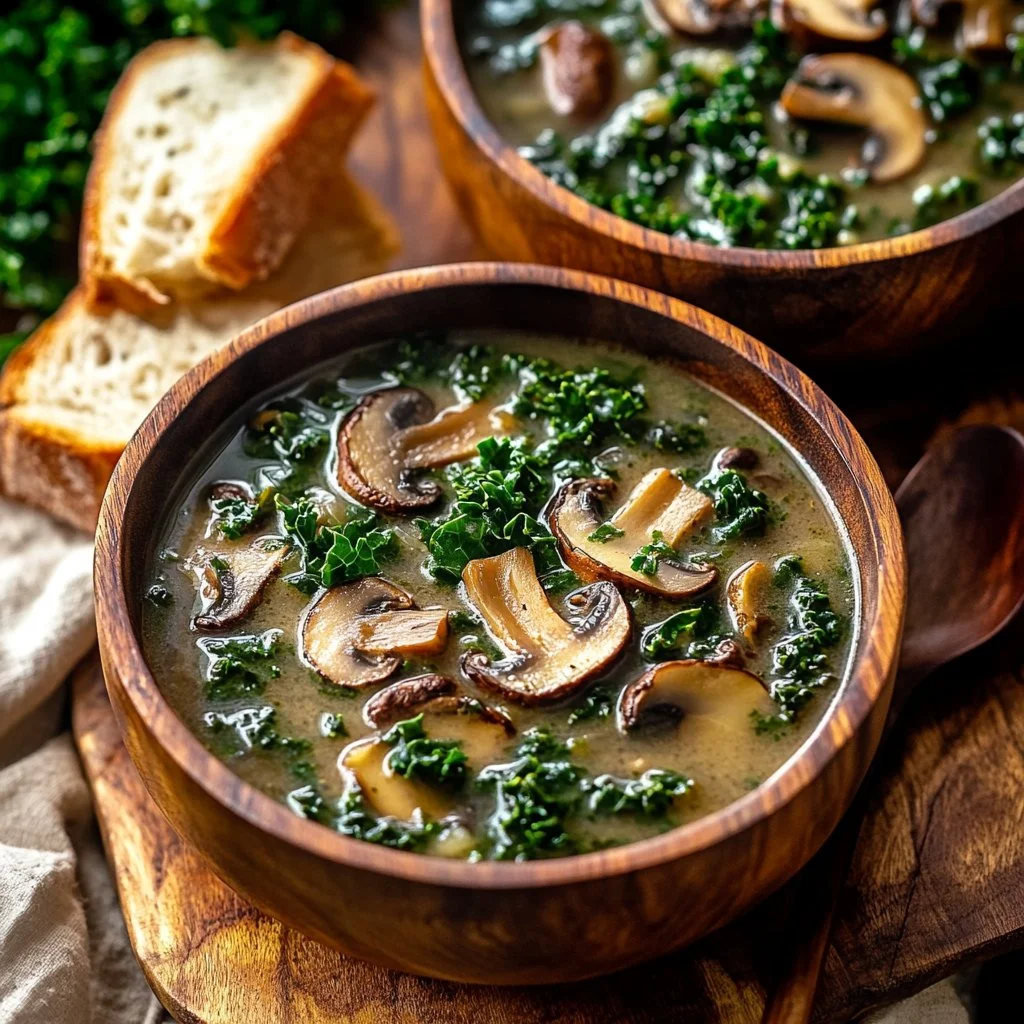 Delicious wild mushroom soup with caramelized onion and kale garnished
